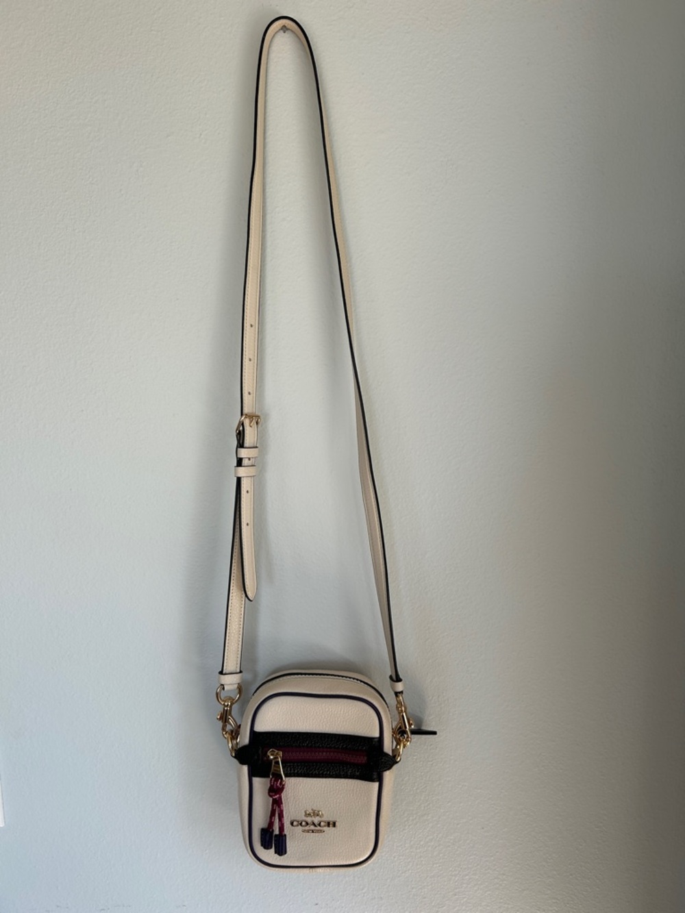 Coach Cream Pebbled Leather Crossbody with Black Trim and Burgundy Accents